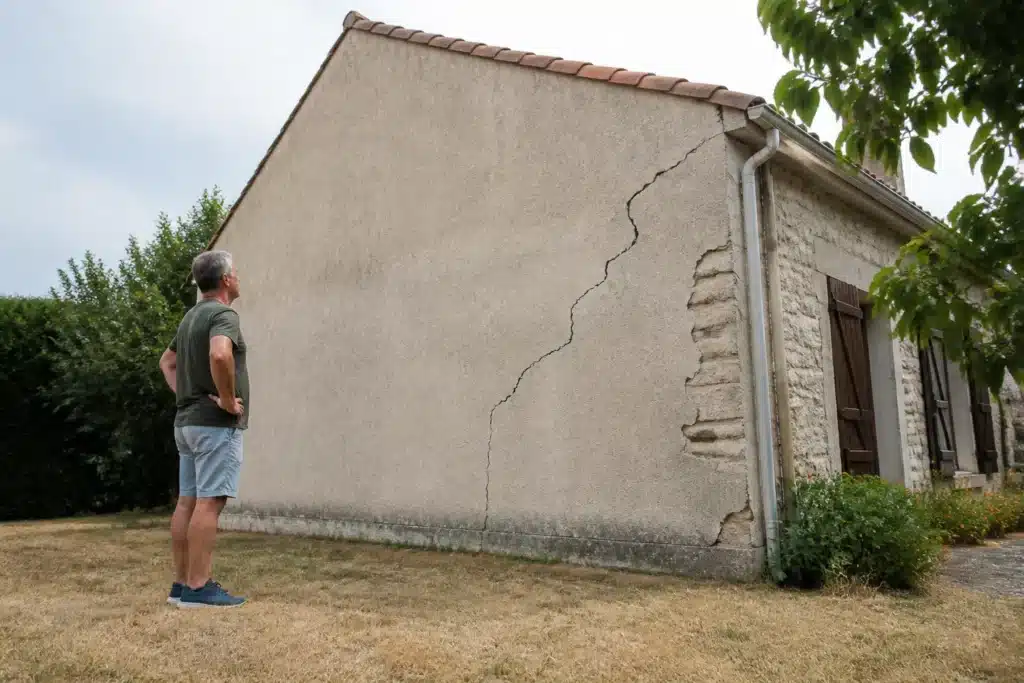 Propriétaire observant une fissure en escalier sur le pignon de sa maison