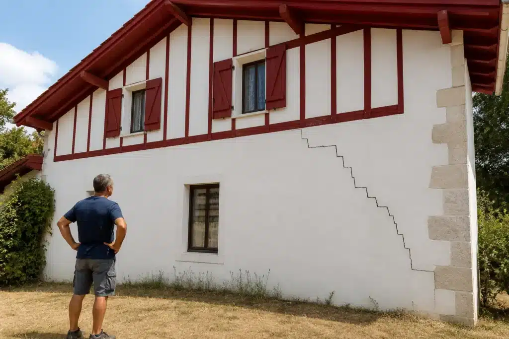 Propriétaire observant une fissure en escalier sur le pignon de sa maison