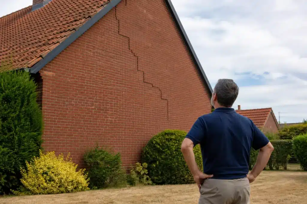Propriétaire observant une fissure en escalier sur le pignon de sa maison