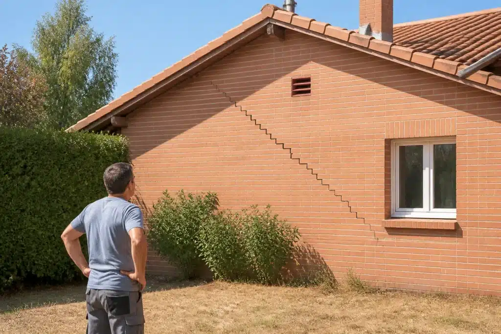 Propriétaire observant une fissure en escalier sur le pignon de sa maison
