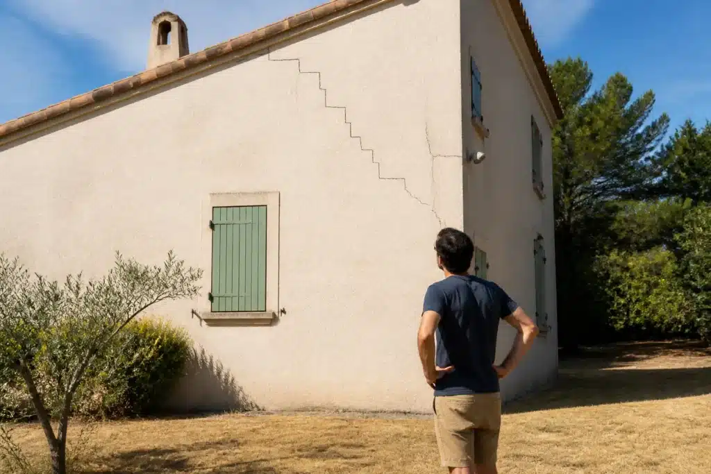 Propriétaire observant une fissure en escalier sur le pignon de sa maison