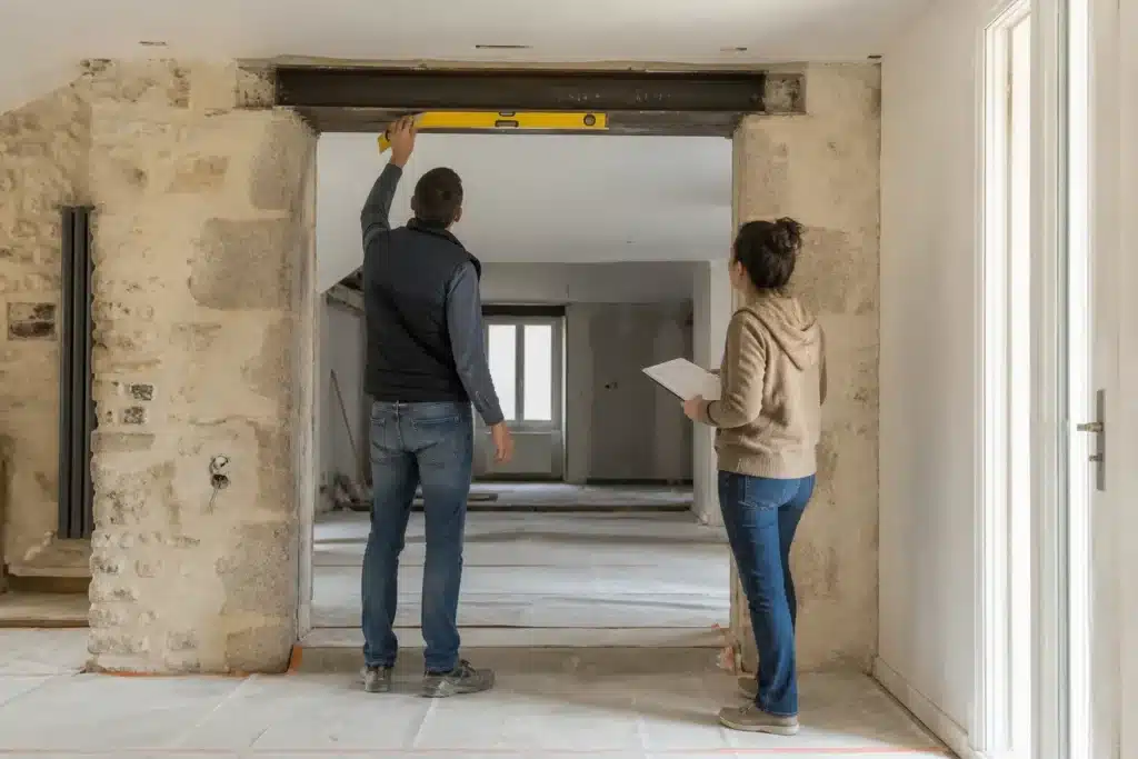 Contrôle de la poutre au niveau à bulle lors de la réception des travaux d'ouverture d'un mur porteur