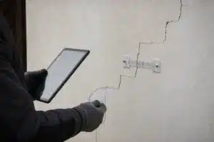 Relévé technique d'une fissure en escalier avec fissuromètre lors d'une expertise