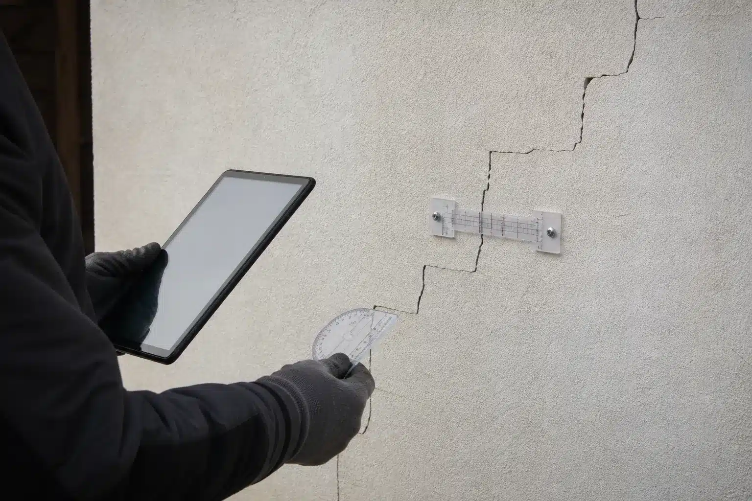 Relévé technique d'une fissure en escalier avec fissuromètre lors d'une expertise