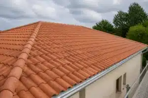 Toiture en tuiles de terre cuite entièrement refaite sur une maison individuelle, avec faîtage, rives et gouttière en zinc neufs