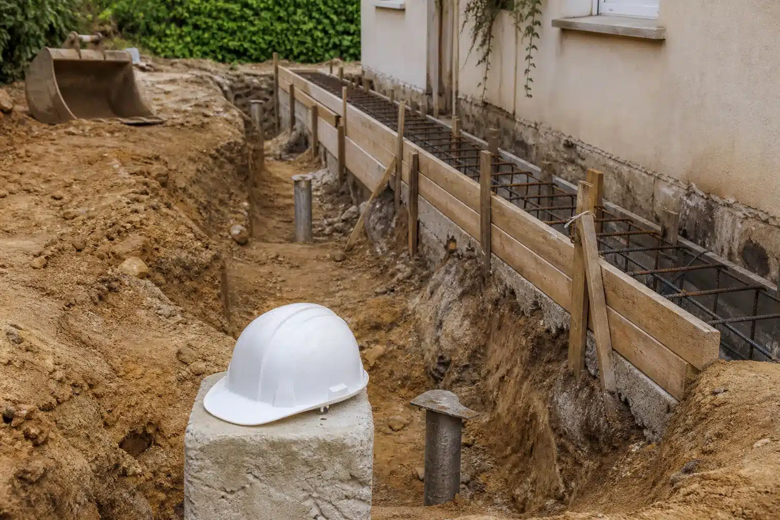 Chantier de reprise en sous-oeuvre avec tête de micropieu et coffrage de longrine le long d'une maison