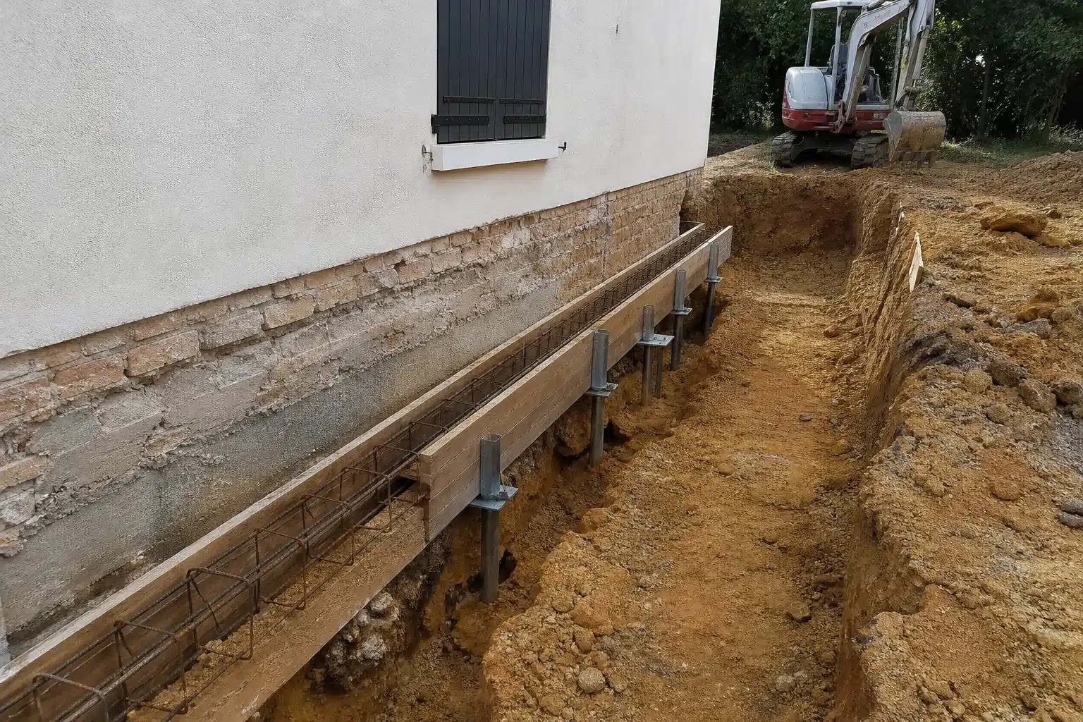Chantier de reprise en sous-oeuvre avec micropieux et longrine le long d'une façade de maison