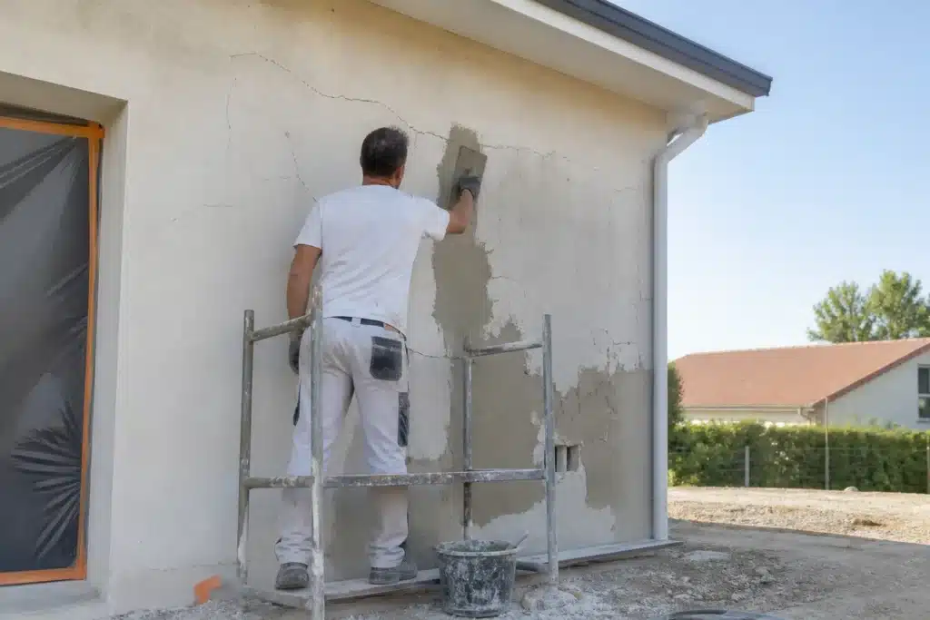 Artisan d'une autre entreprise reprenant un enduit fissuré sur la façade d'une maison neuve après mise en demeure du constructeur