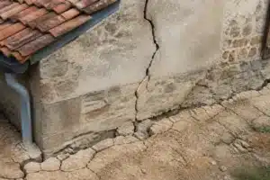 Sol argileux fendu au pied d'une maison dans l'Ain, retrait-gonflement des argiles