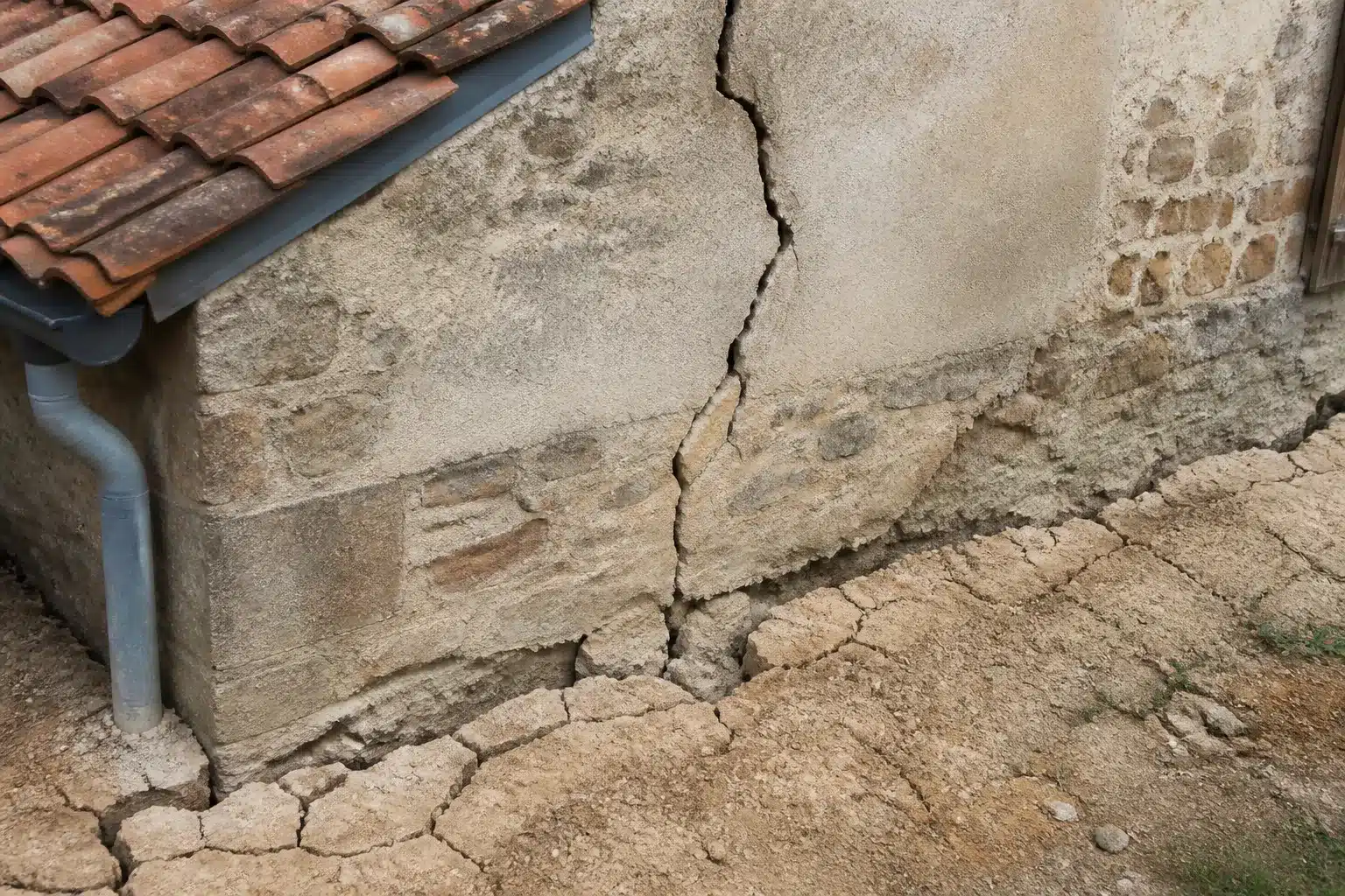 Sol argileux fendu au pied d'une maison dans l'Ain, retrait-gonflement des argiles
