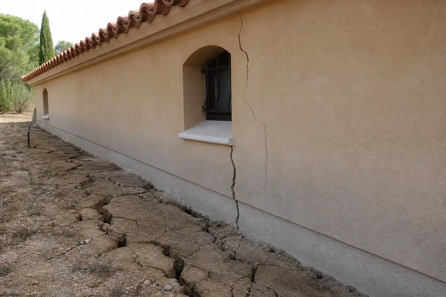 Sol argileux fendu au pied d'une maison dans l'Aude, retrait-gonflement des argiles