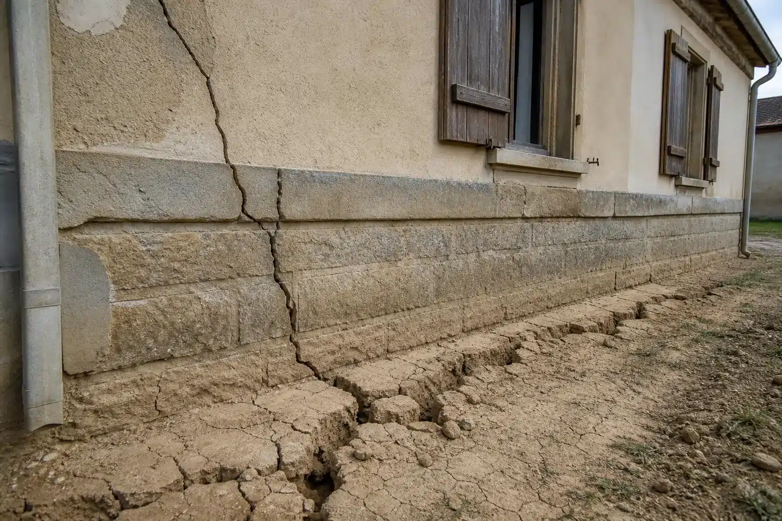 Sol argileux fendu au pied d'une maison en Haute-Marne, retrait-gonflement des argiles