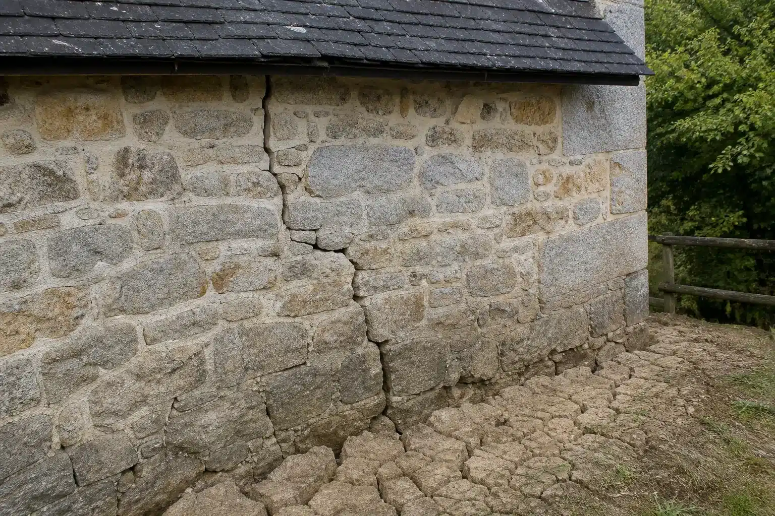 Sol argileux fendu au pied d'une maison en Haute-Vienne, retrait-gonflement des argiles