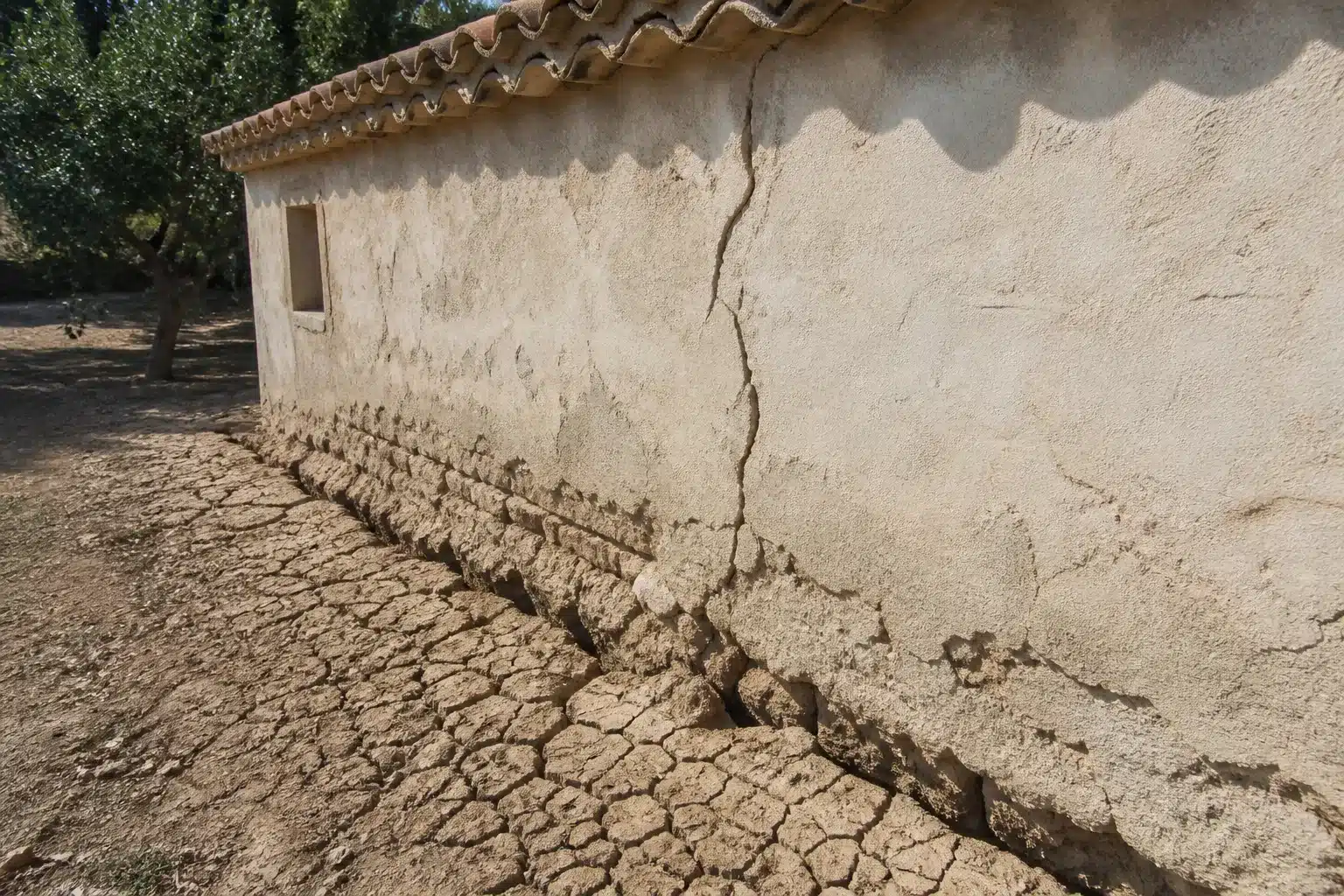 Sol argileux fendu au pied d'une maison dans le Vaucluse, retrait-gonflement des argiles