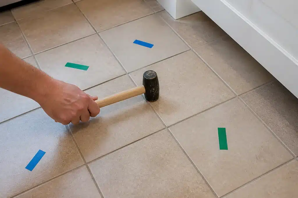 Sonnage des carreaux au manche de maillet pour repérer les zones creuses sous un carrelage fissuré