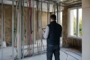 Expert indépendant inspectant les réseaux et l'isolant d'un chantier de rénovation avant la fermeture des cloisons