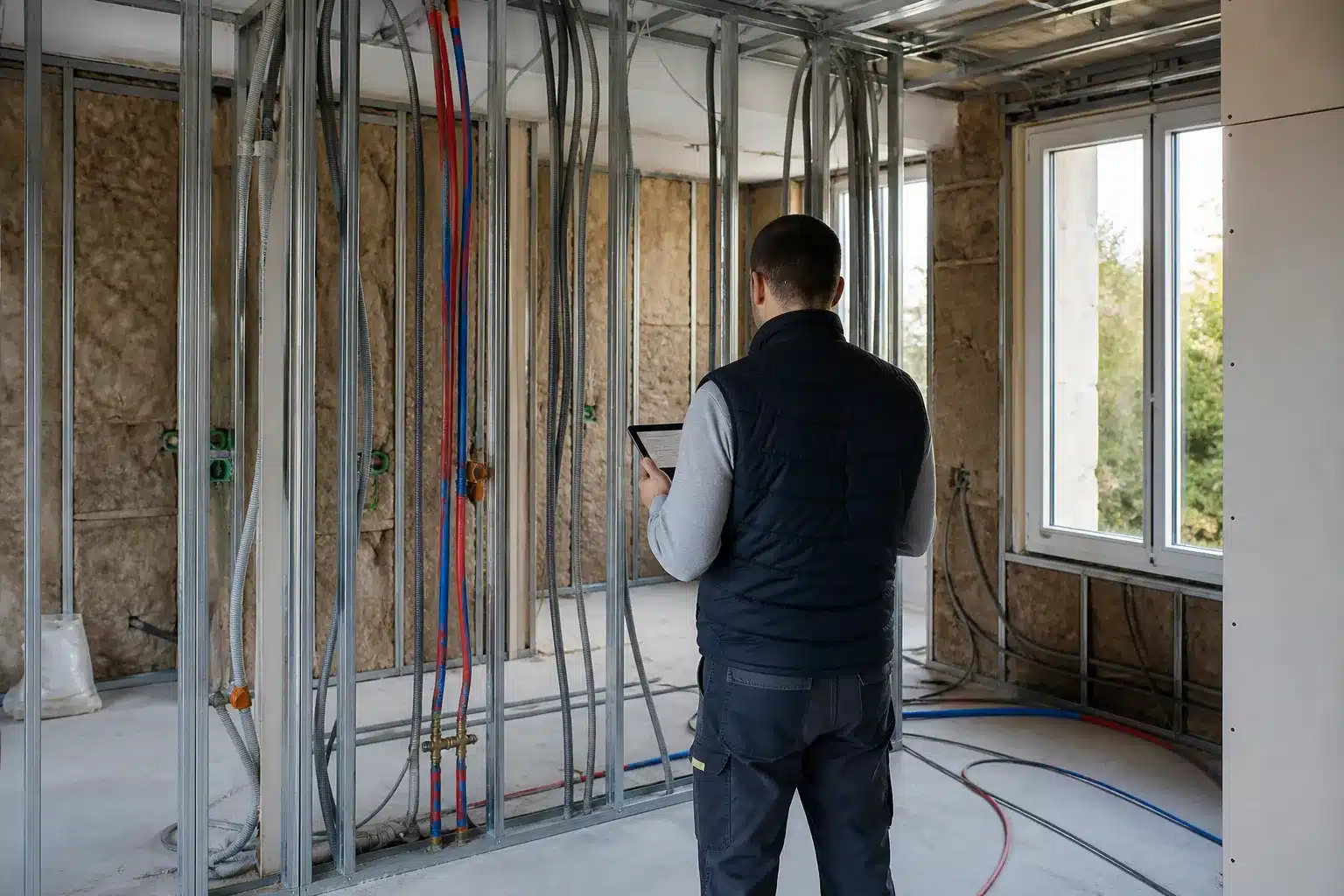 Expert indépendant inspectant les réseaux et l'isolant d'un chantier de rénovation avant la fermeture des cloisons