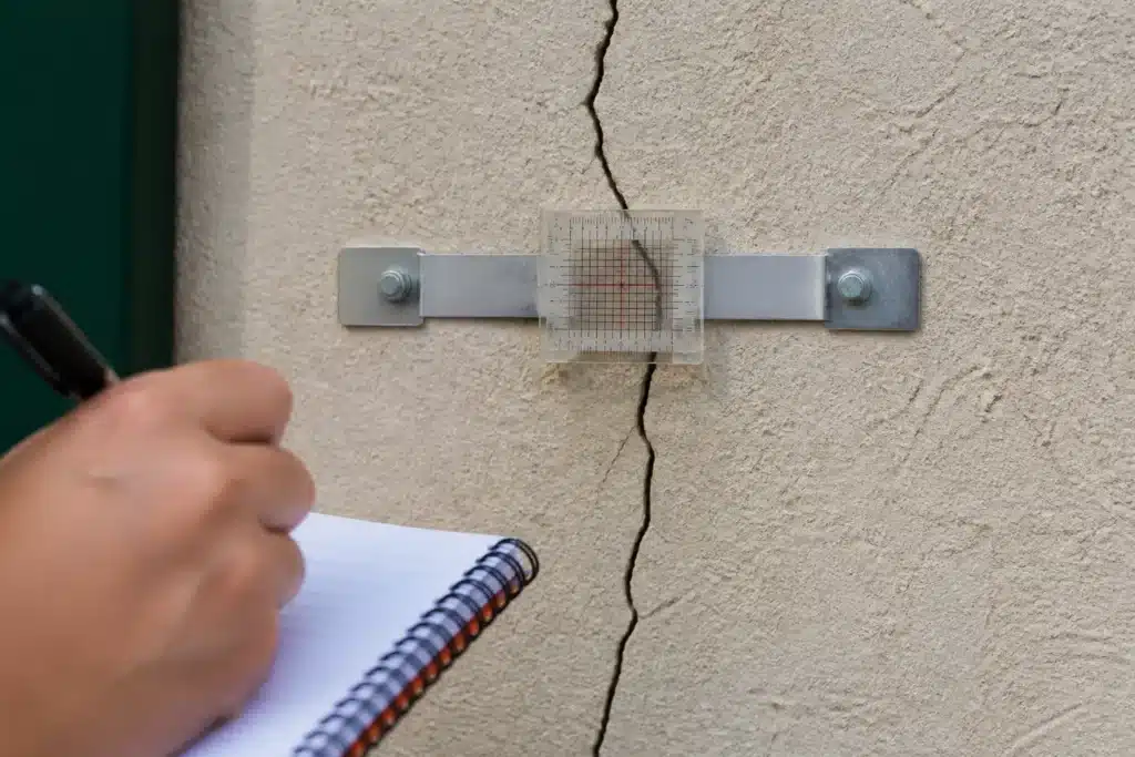 Fissuromètre fixé en travers d'une fissure pour suivre son évolution