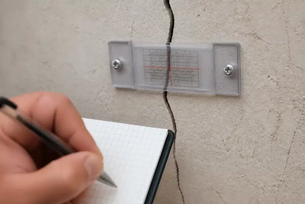 Fissuromètre fixé en travers d'une fissure pour suivre son évolution