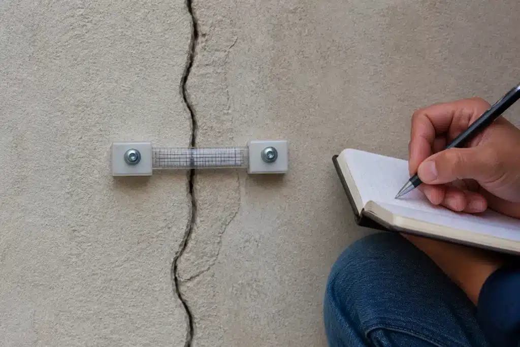 Fissuromètre fixé en travers d'une fissure pour suivre son évolution