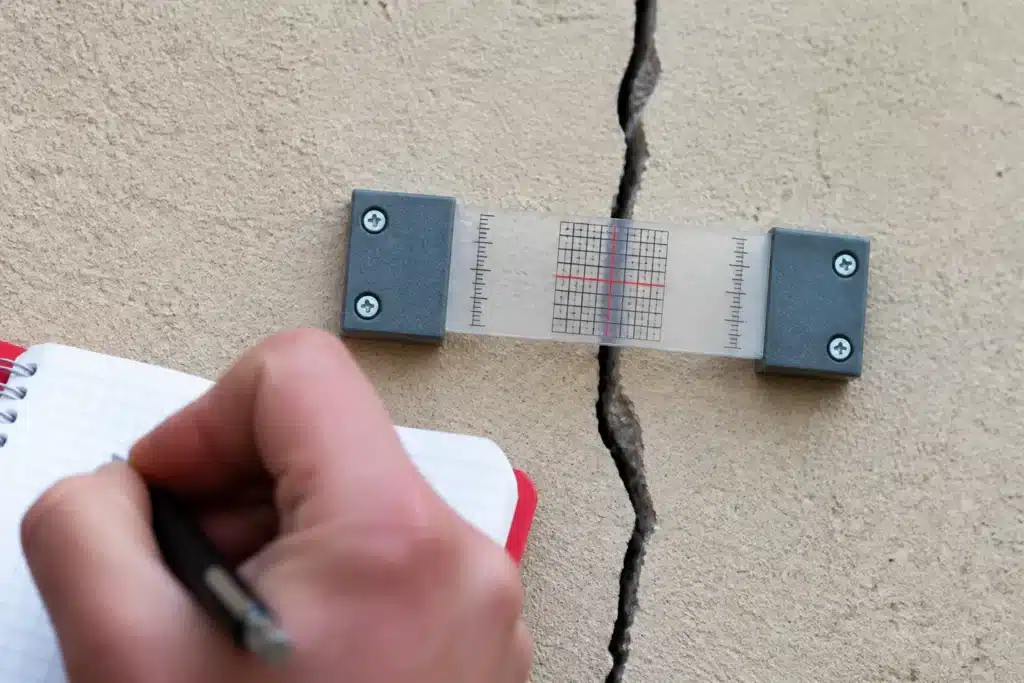 Fissuromètre fixé en travers d'une fissure pour suivre son évolution