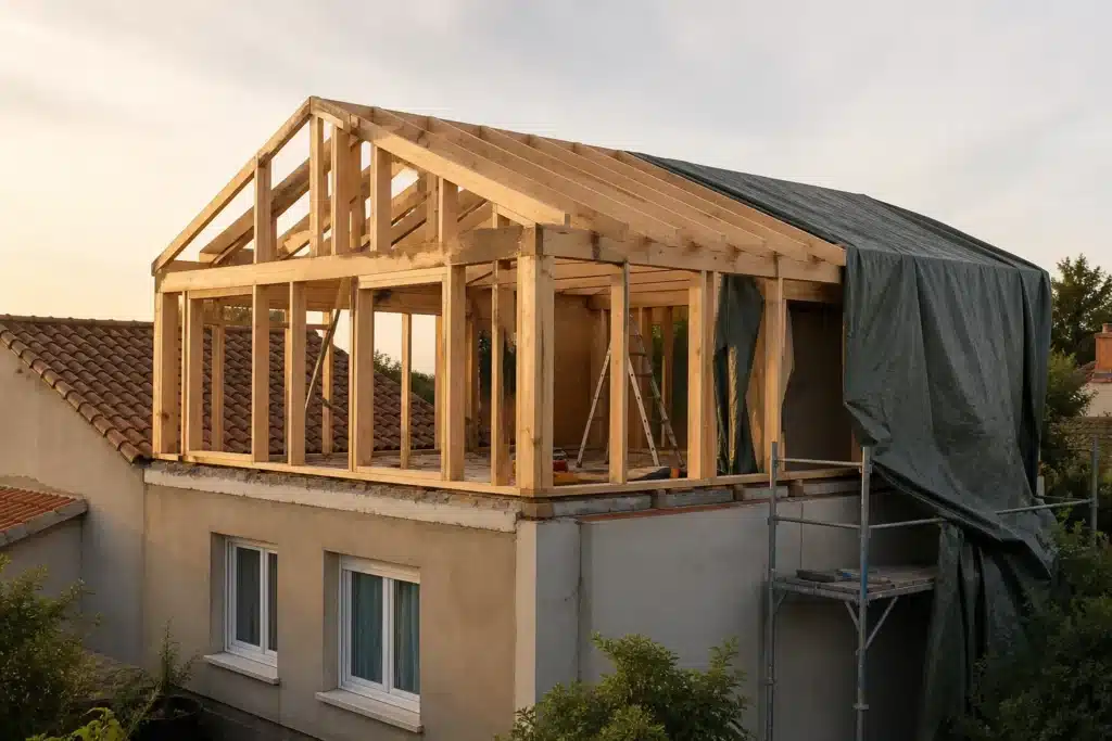 Surélévation en ossature bois posée sur les murs maçonnés d'une maison existante pendant les travaux