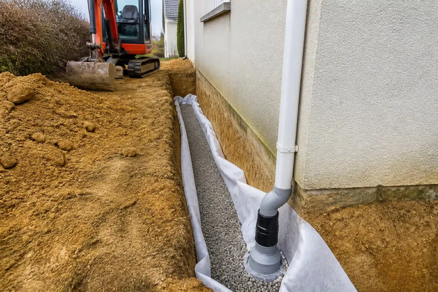 Tranchée de drainage et raccordement des eaux pluviales le long de la façade d'une maison en terrain argileux
