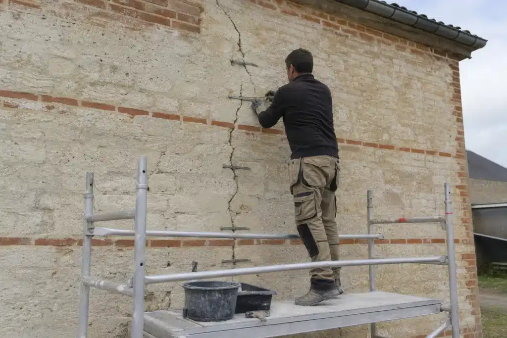 Maçon réalisant une reprise de fissure par agrafage sur un mur