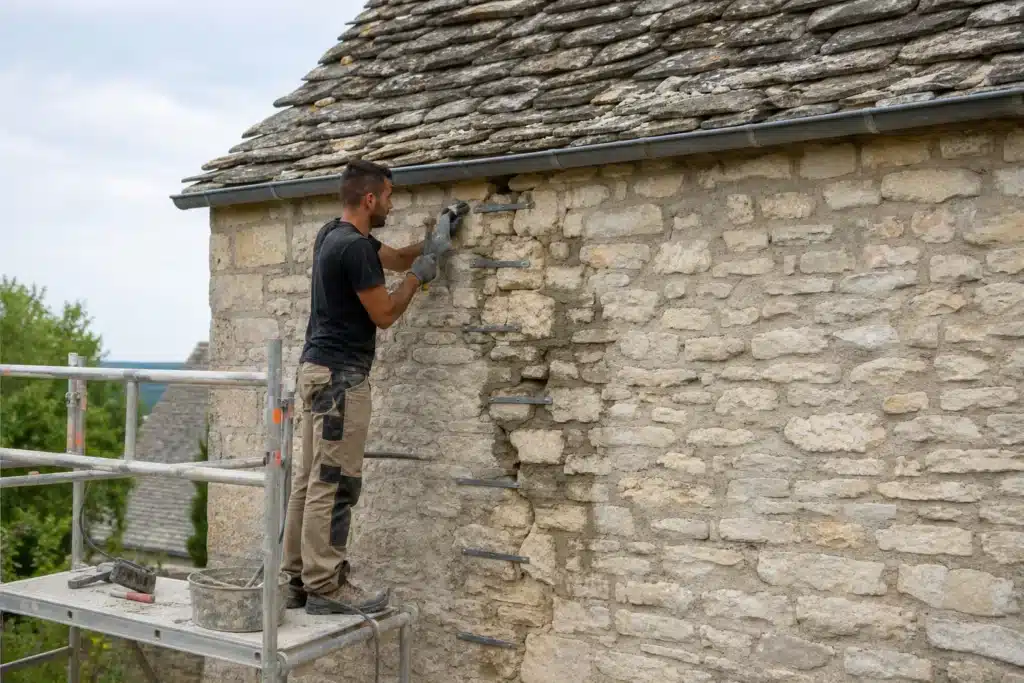 Maçon réalisant une reprise de fissure par agrafage sur un mur