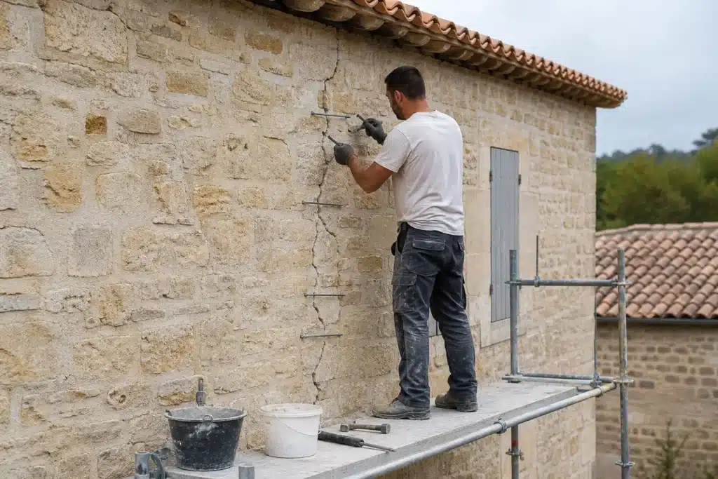 Maçon réalisant une reprise de fissure par agrafage sur un mur