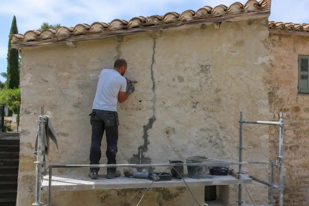 Maçon réalisant une reprise de fissure par agrafage sur un mur