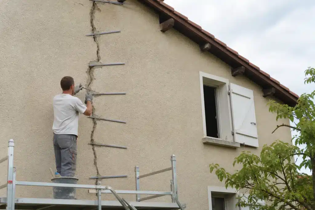 Maçon réalisant une reprise de fissure par agrafage sur un mur