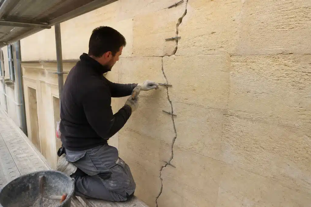 Maçon réalisant une reprise de fissure par agrafage sur un mur