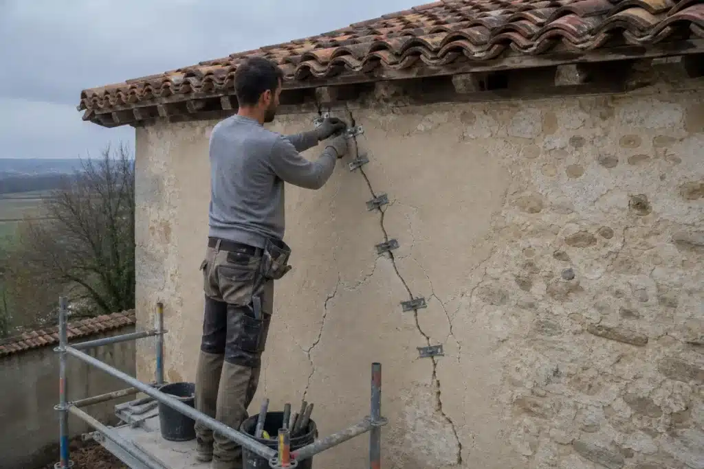 Maçon réalisant une reprise de fissure par agrafage sur un mur