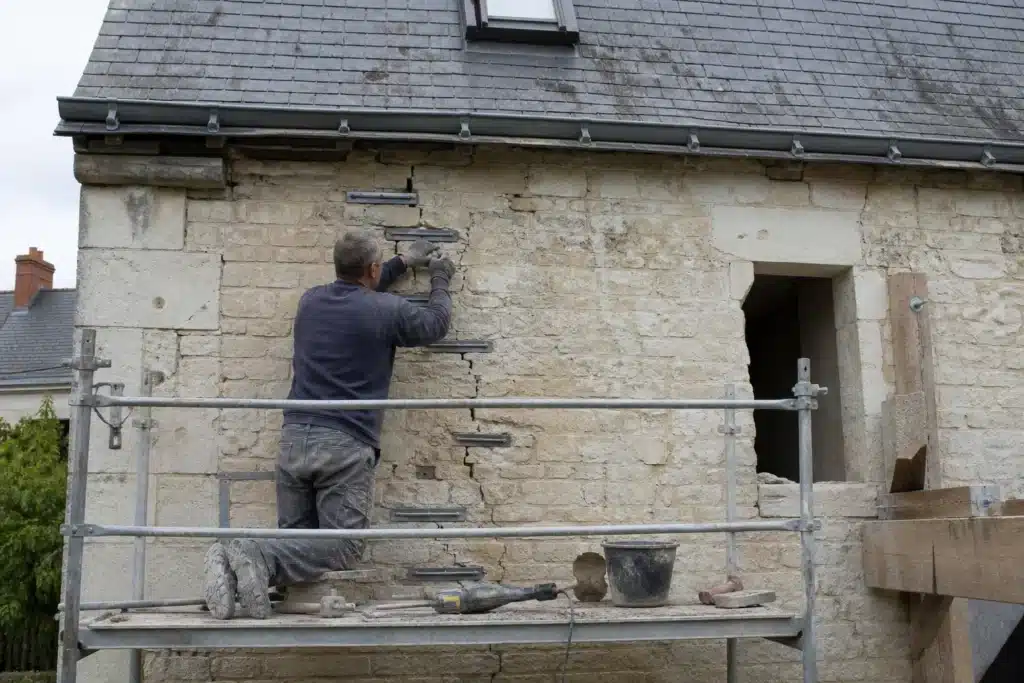 Maçon réalisant une reprise de fissure par agrafage sur un mur