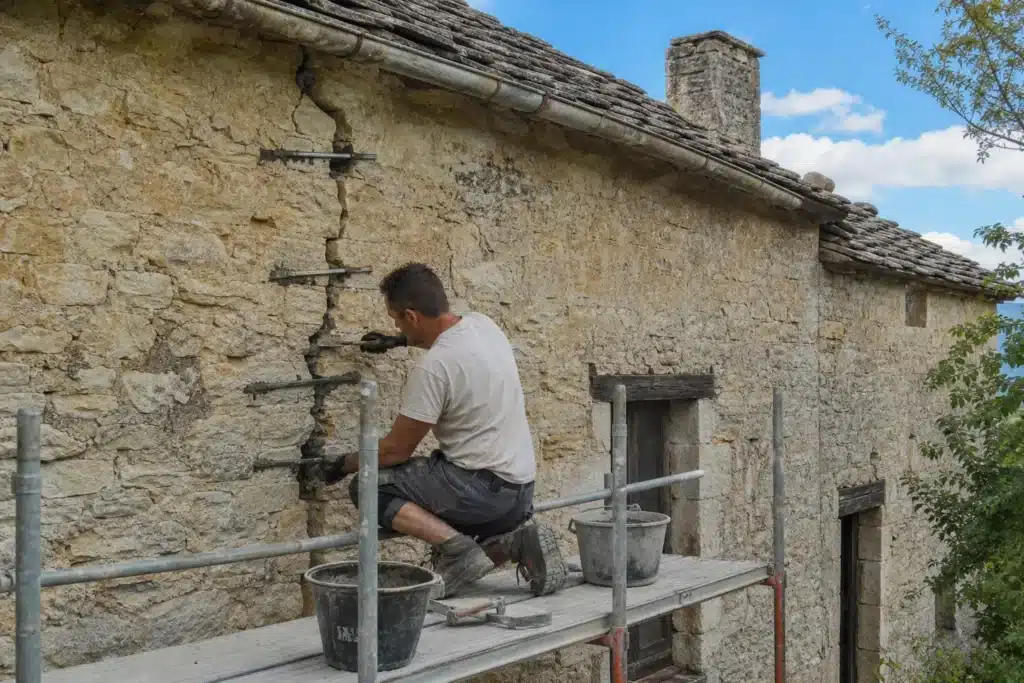 Maçon réalisant une reprise de fissure par agrafage sur un mur