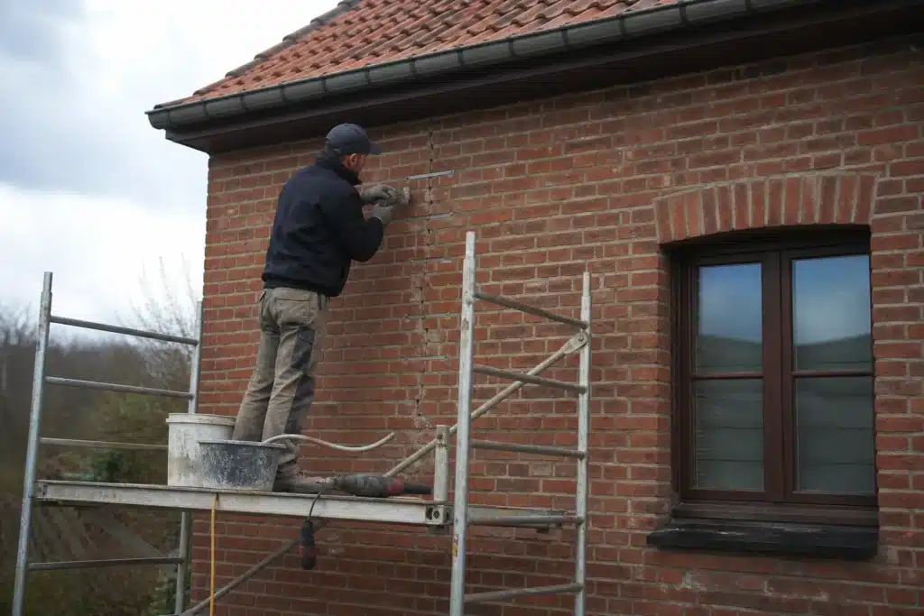 Maçon réalisant une reprise de fissure par agrafage sur un mur