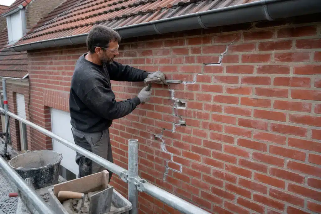 Maçon réalisant une reprise de fissure par agrafage sur un mur