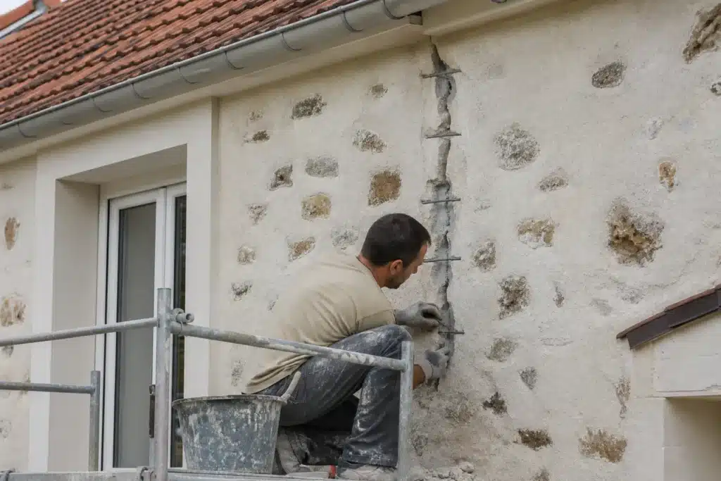 Maçon réalisant une reprise de fissure par agrafage sur un mur
