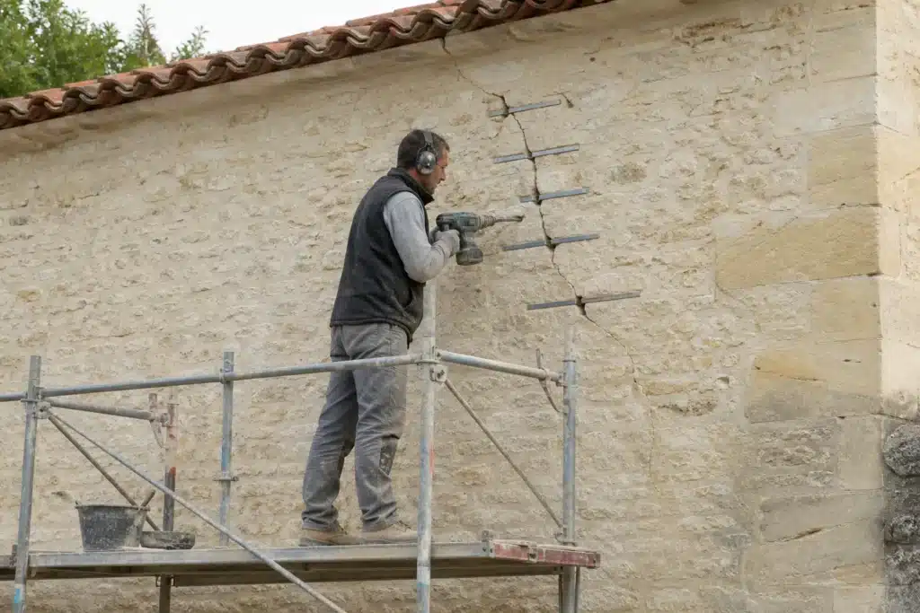 Maçon réalisant une reprise de fissure par agrafage sur un mur