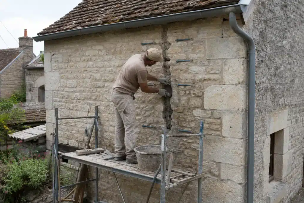 Maçon réalisant une reprise de fissure par agrafage sur un mur
